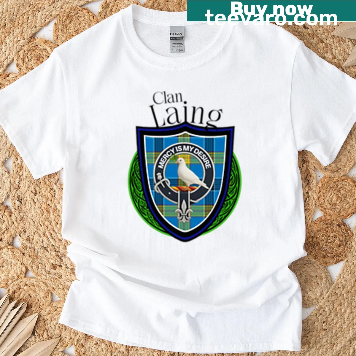 Scottish Clan Laing T-shirt with tartan and crest design — on a men's t-shirt