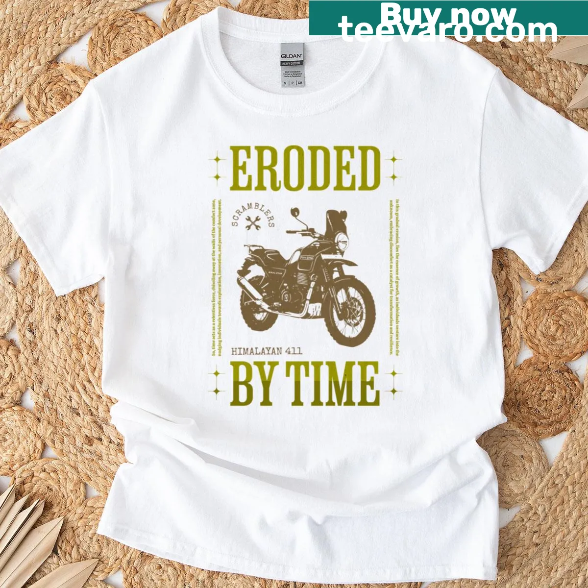 Illustration of Royal Enfield Himalayan 411 Scrambler motorcycle T-shirt — on a men's t-shirt