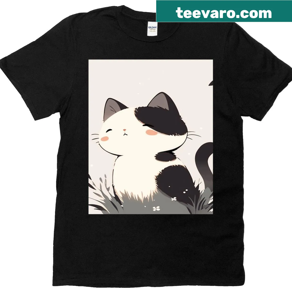 Graphic t-shirt featuring an adorable kitten illustration waiting for a snack — on a men's t-shirt