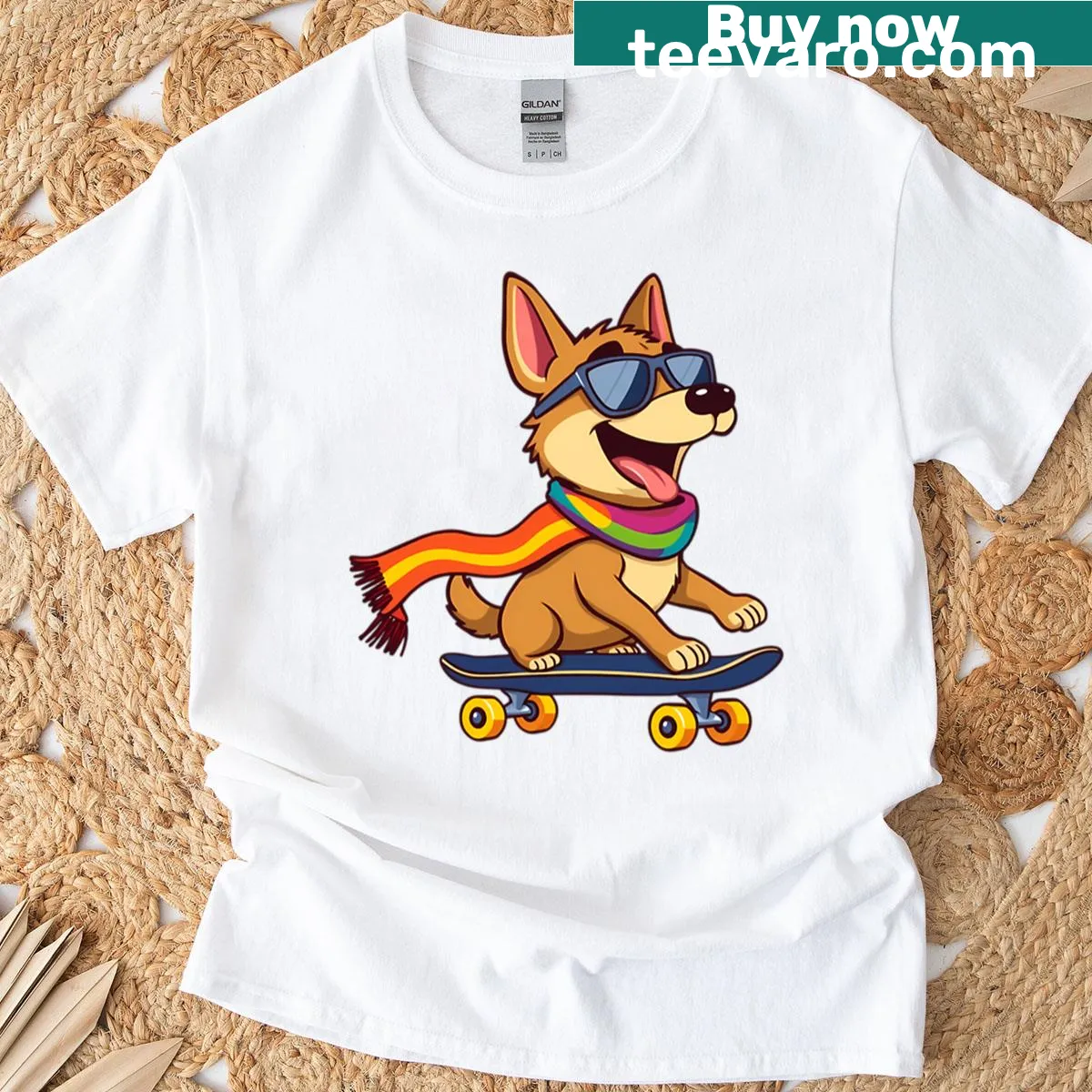 Cartoon skater dog graphic on oversized T-shirt — on a men's t-shirt