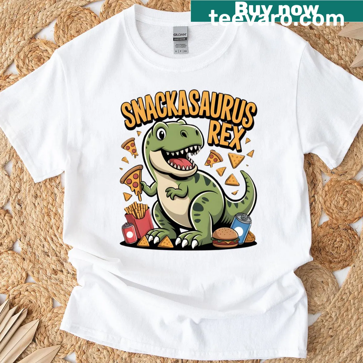 Cartoon Snackasaurus Rex with junk food on T-shirt — on a men's t-shirt