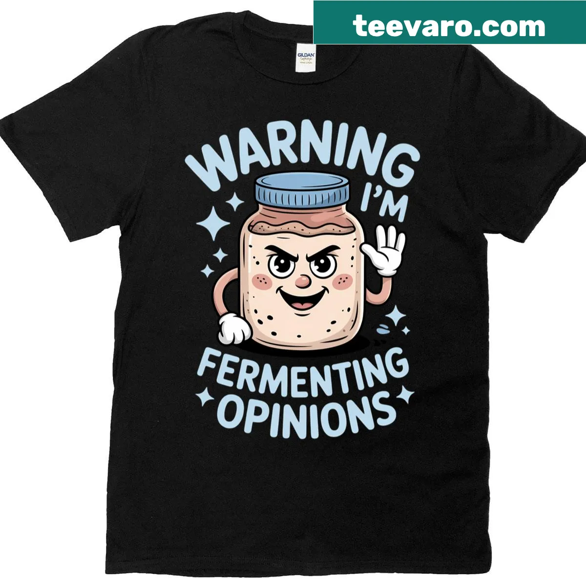 T-shirt with cartoon jar art related to sourdough baking — on a men's t-shirt
