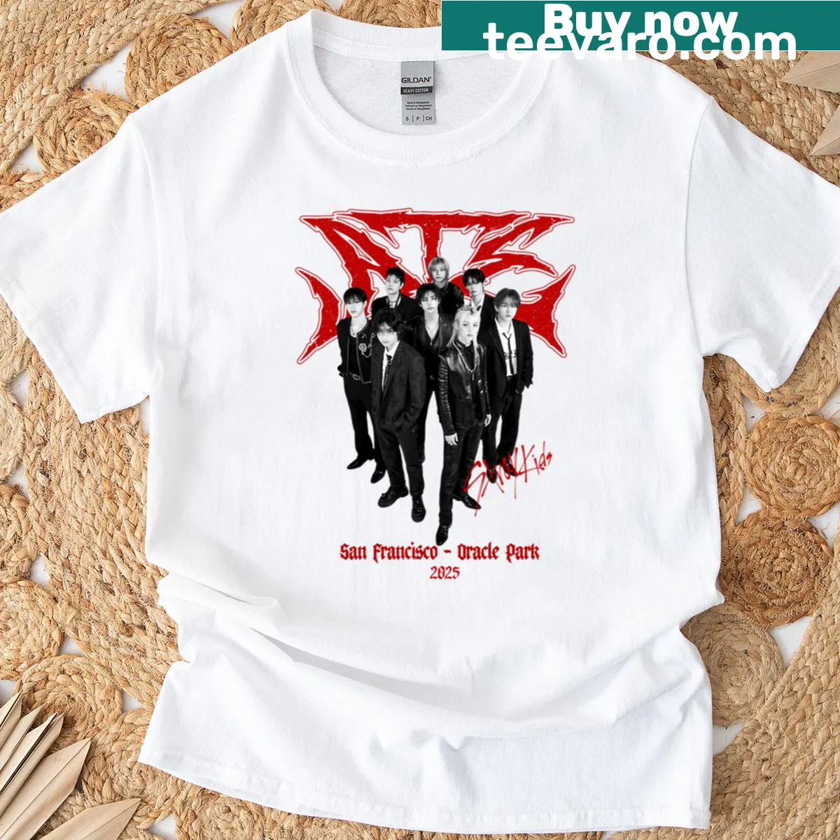 Emblem graphic celebrating Stray Kids San Francisco World Tour — on a men's t-shirt