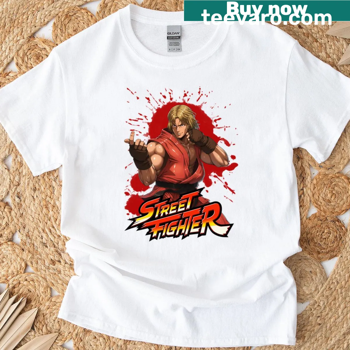 Oversized t-shirt featuring Ken Masters from Street Fighter — on a men's t-shirt