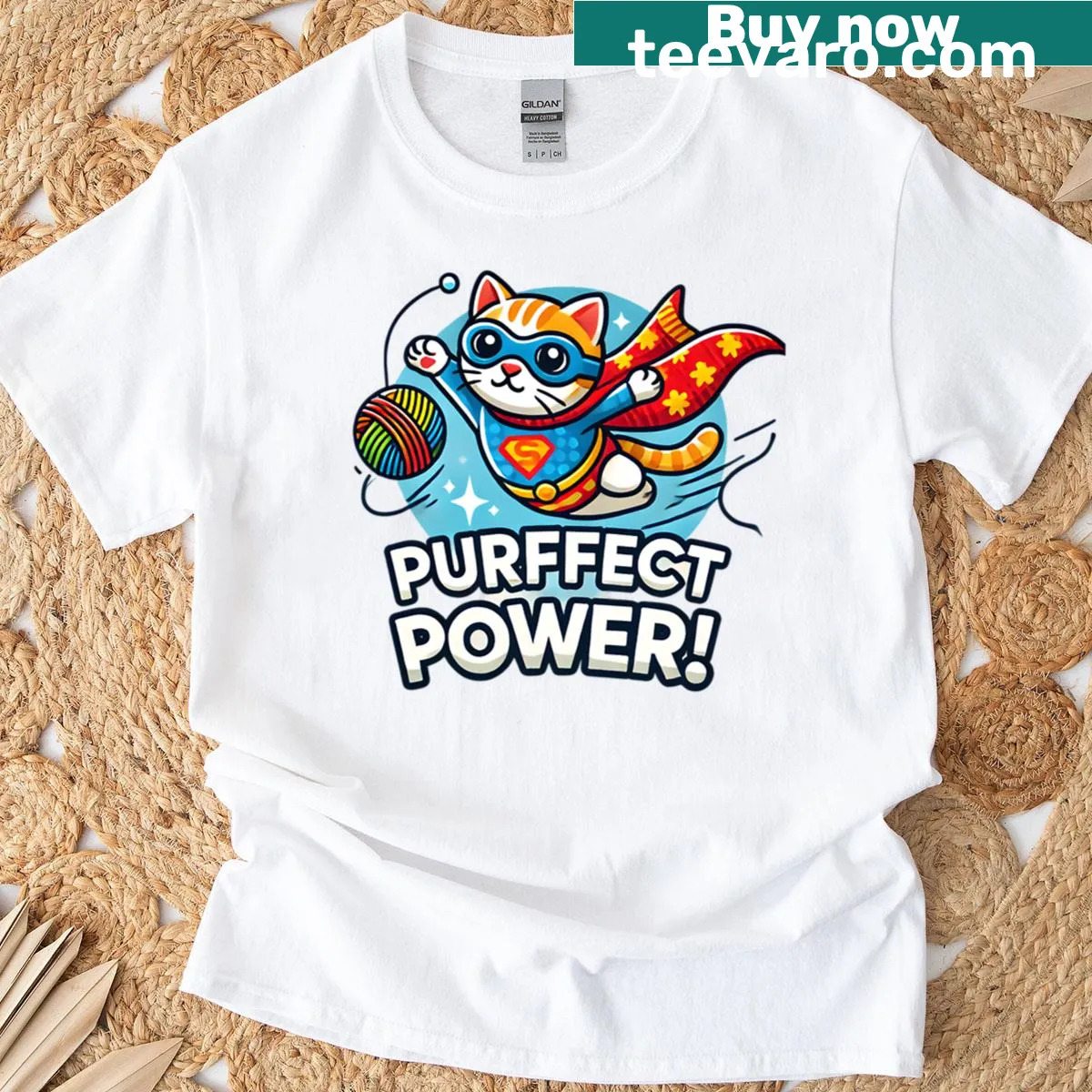 Cartoon superhero cat graphic on T-shirt — on a men's t-shirt