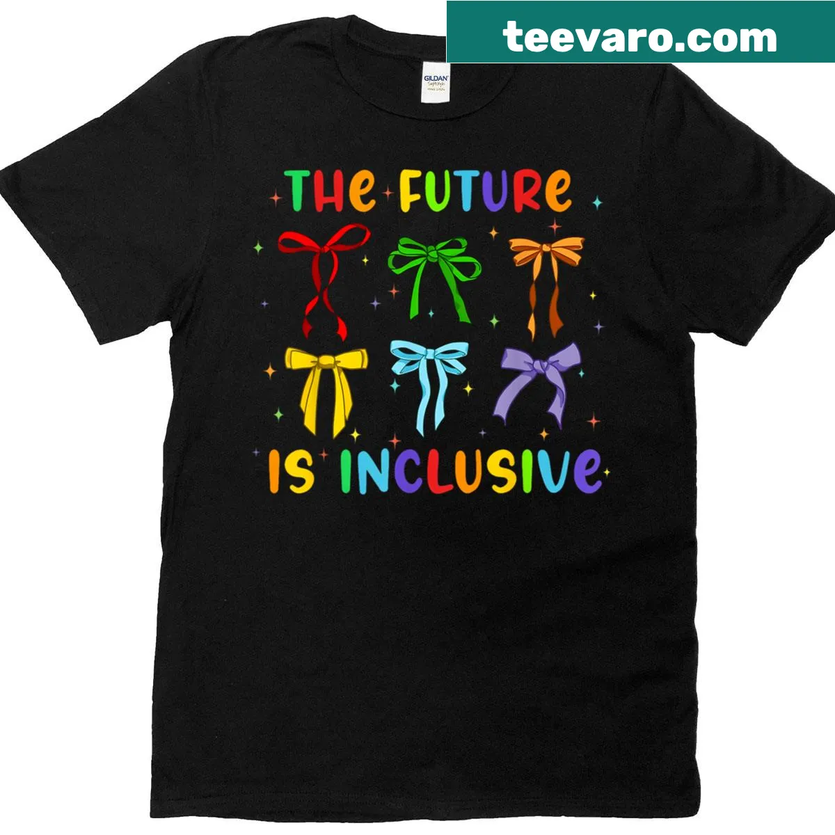 Inclusive rainbow pride t-shirt with a coquette bow design — on a men's t-shirt