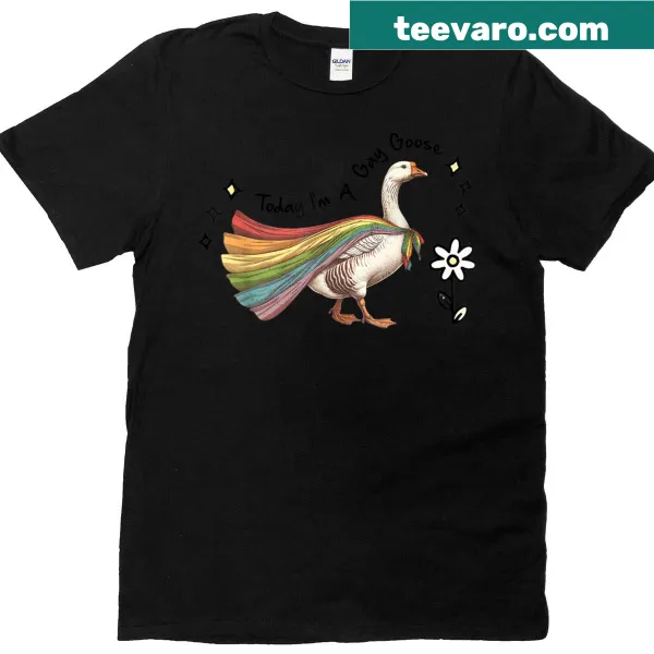 Funny LGBTQ T-shirt with cartoon goose and rainbow flag graphic