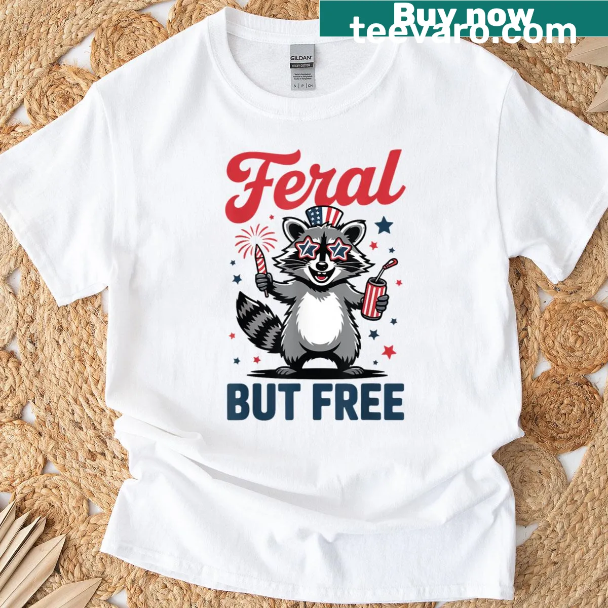 Funny toddler T-shirt with a cartoon raccoon and 'Feral But Free' text — on a men's t-shirt