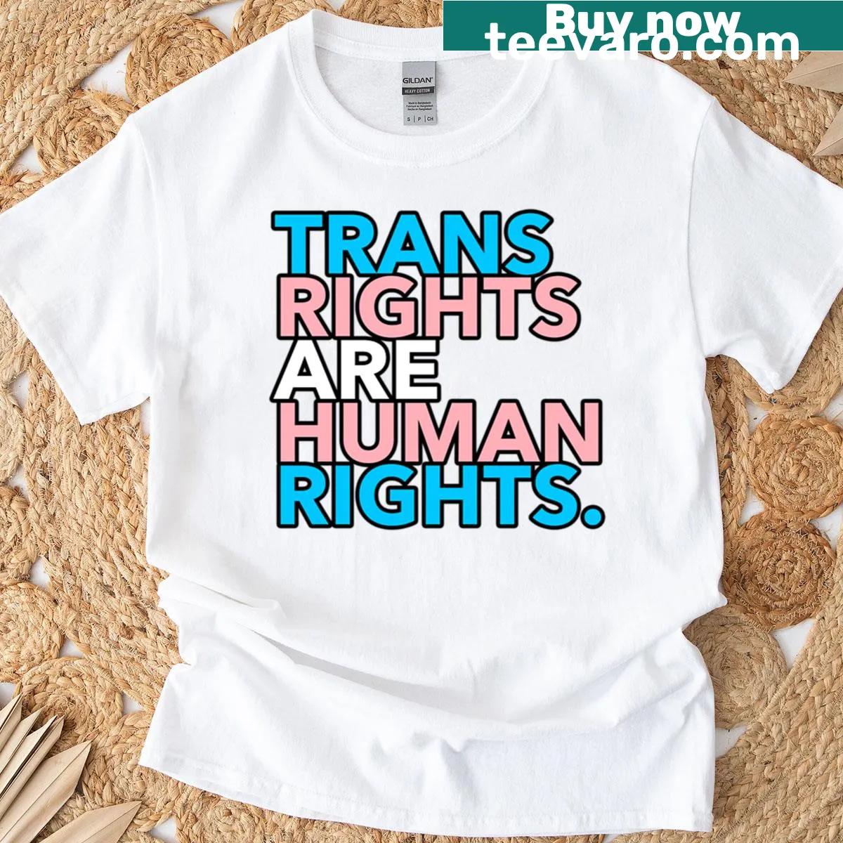 Bold typography T-shirt featuring 'Trans Rights Are Human Rights' text — on a men's t-shirt