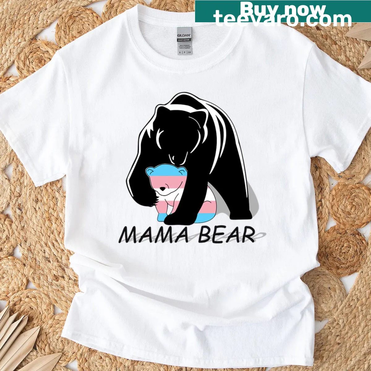 Mama bear illustration with rainbow colors symbolizing transgender pride — on a men's t-shirt