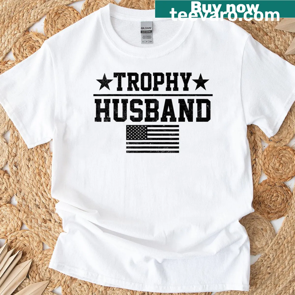 Trophy Husband T-shirt with American flag graphic — on a men's t-shirt