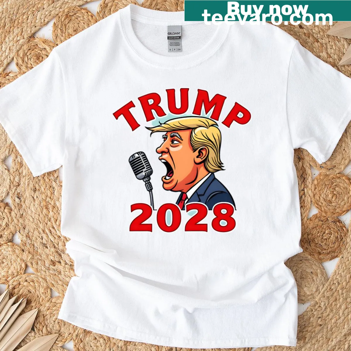 Bold text design promoting Trump 2028 on t-shirt — on a men's t-shirt