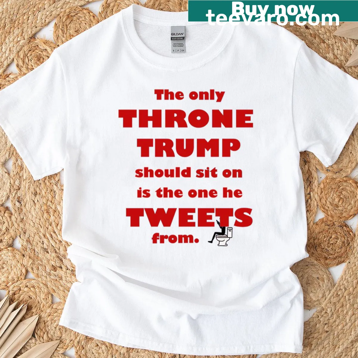 Humorous typography T-shirt featuring 'Throne Toilet Tweets' text — on a men's t-shirt