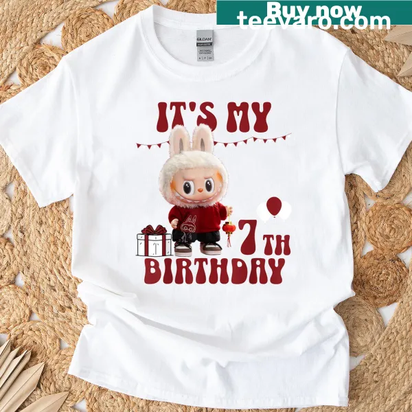 Groovy birthday T-shirt with the phrase It's My 7th Birthday for kids.