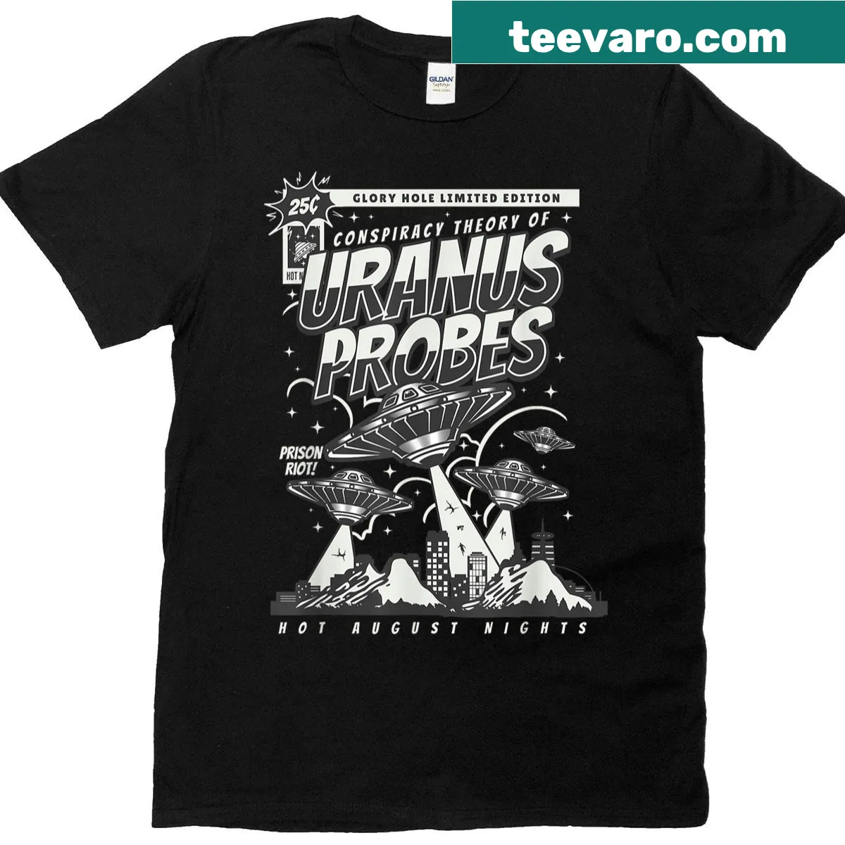 Cartoon t-shirt with alien abduction and conspiracy theme — on a men's t-shirt