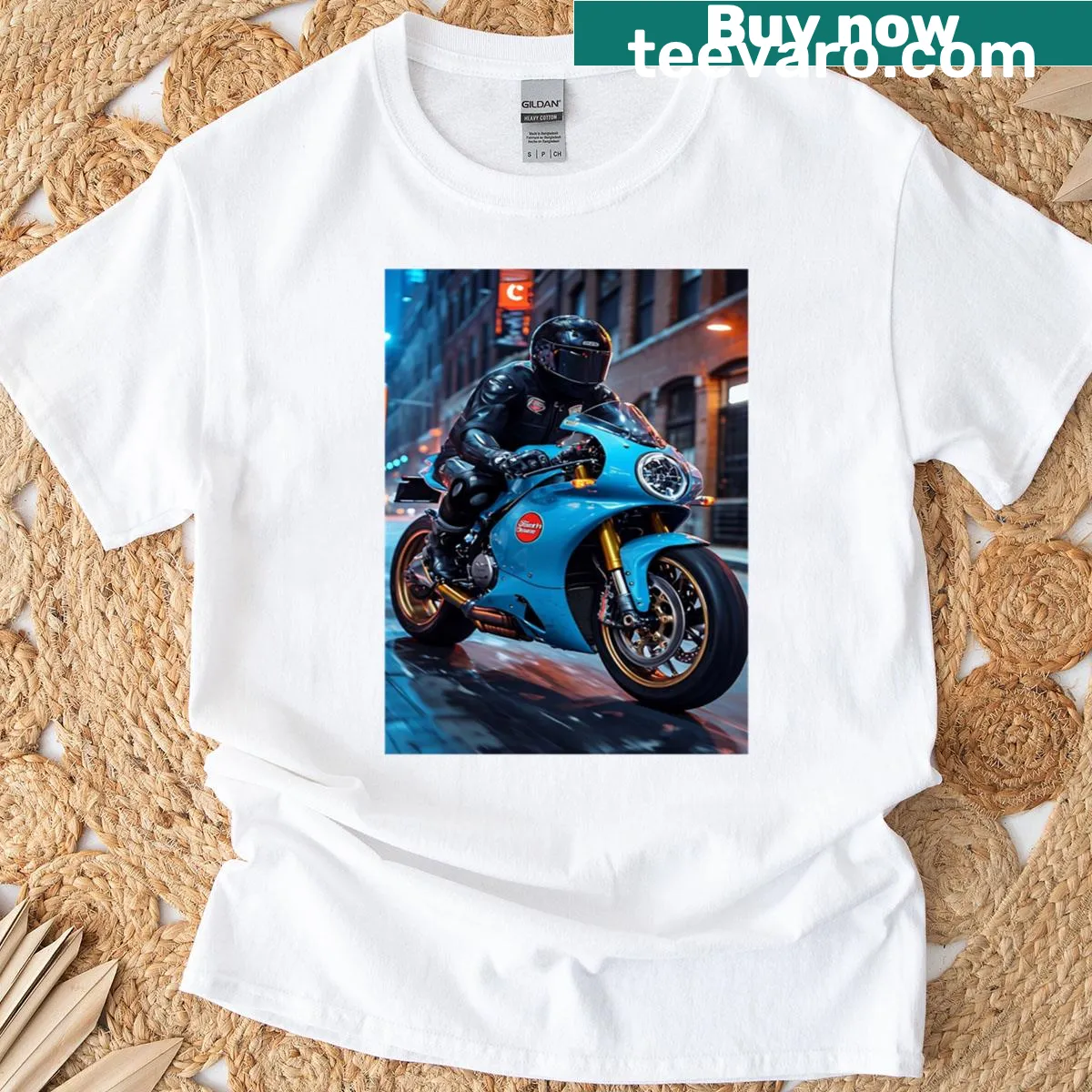 Illustration of an urban racer on a motorcycle at night — on a men's t-shirt