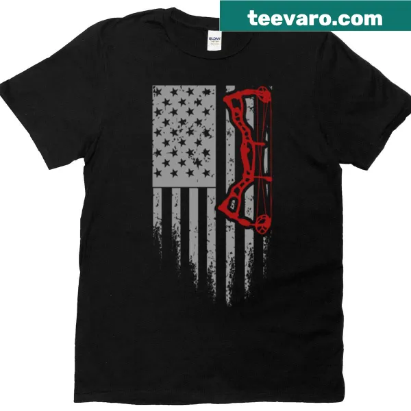 Illustration of an archery bow intertwined with the US flag on a T-shirt.
