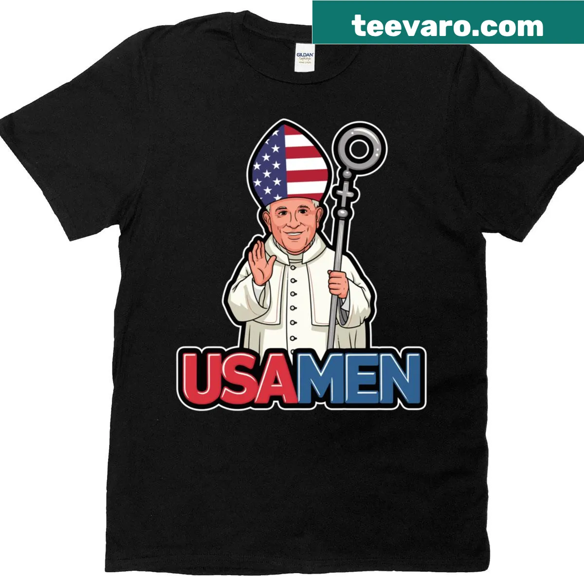 Satirical cartoon Pope T-shirt with American flag themes for humorous expression. — on a men's t-shirt