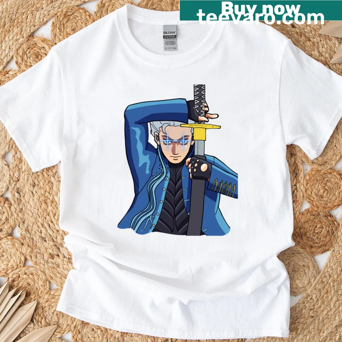 Illustrated Vergil character t-shirt for gaming enthusiasts. — on a men's t-shirt