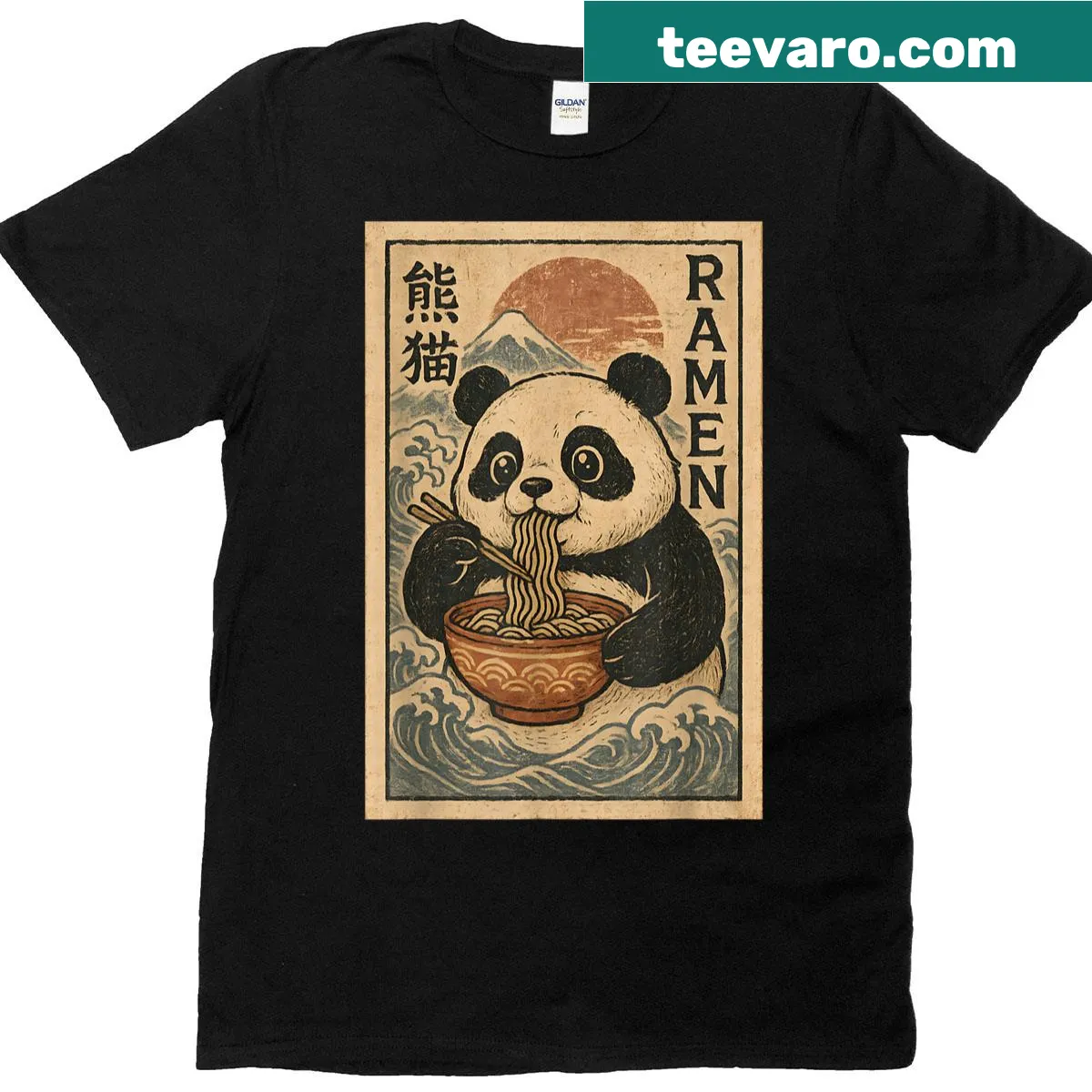 Cute panda graphic enjoying ramen on T-shirt — on a men's t-shirt