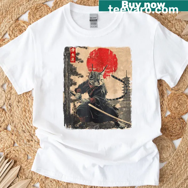 Whimsical ninja samurai cat graphic t-shirt for anime lovers.