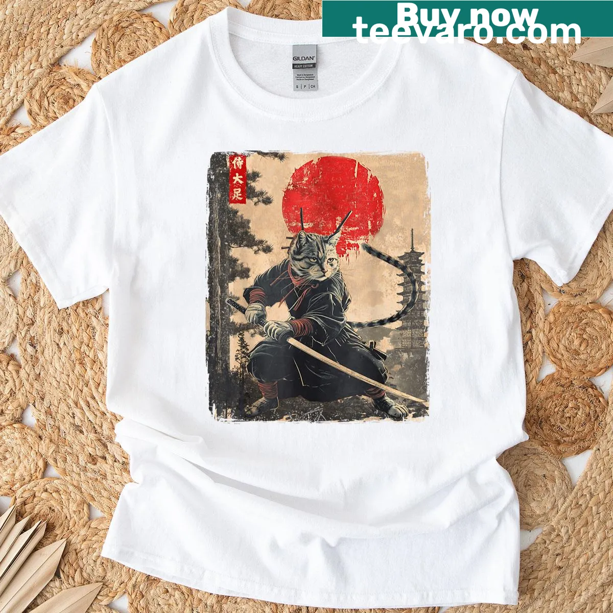 Whimsical ninja samurai cat graphic t-shirt for anime lovers. — on a men's t-shirt