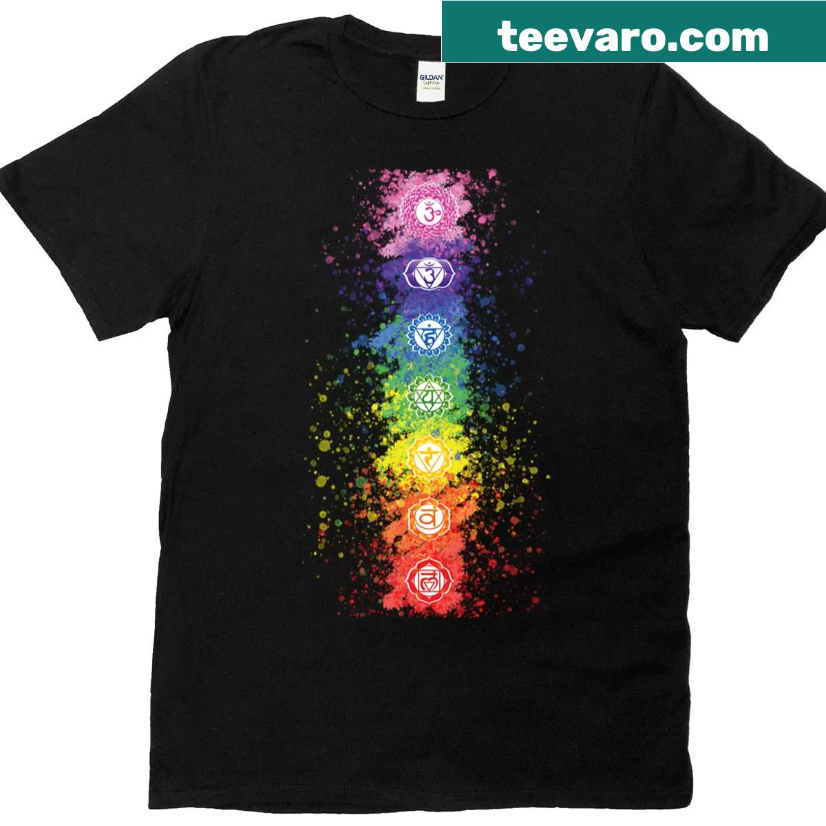 Chakra-themed t-shirt featuring vivid graphics of the seven chakras — on a men's t-shirt