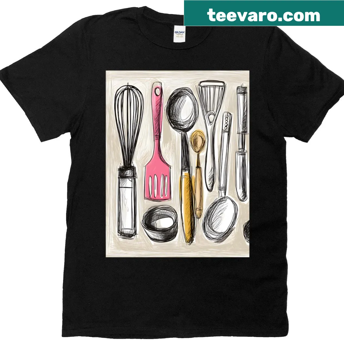 Graphic of kitchen tools on T-shirt — on a men's t-shirt