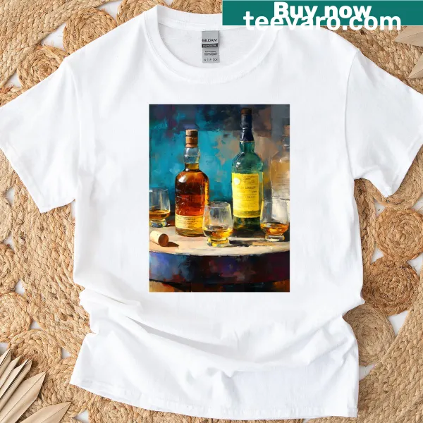 Artistic t-shirt featuring whiskey bottles and glasses on a rustic barrel