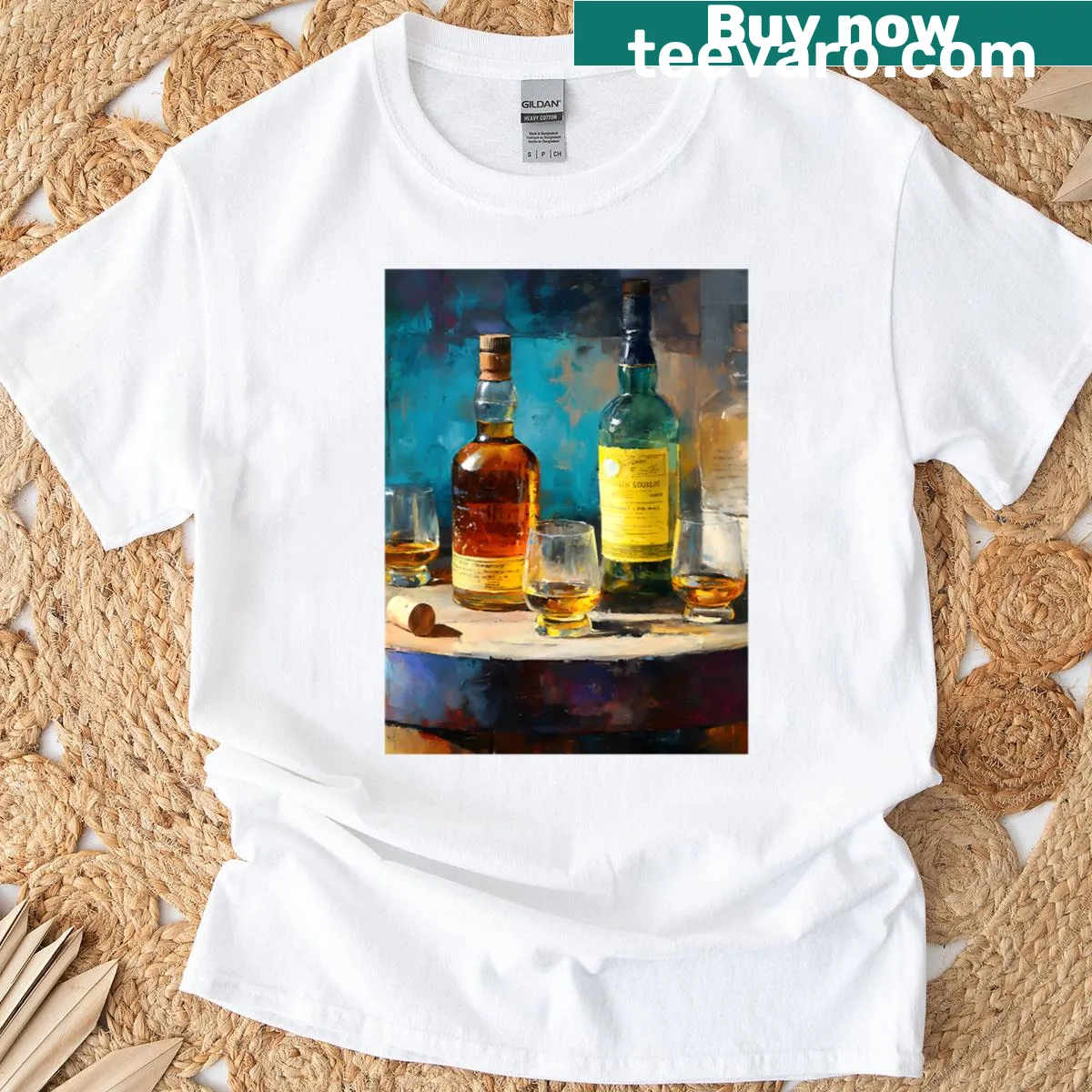 Artistic t-shirt featuring whiskey bottles and glasses on a rustic barrel — on a men's t-shirt