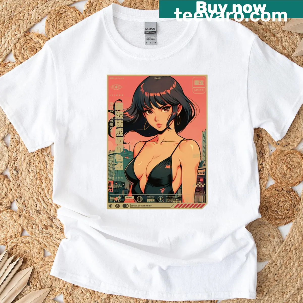Illustration of a woman in the city on an oversized t-shirt — on a men's t-shirt