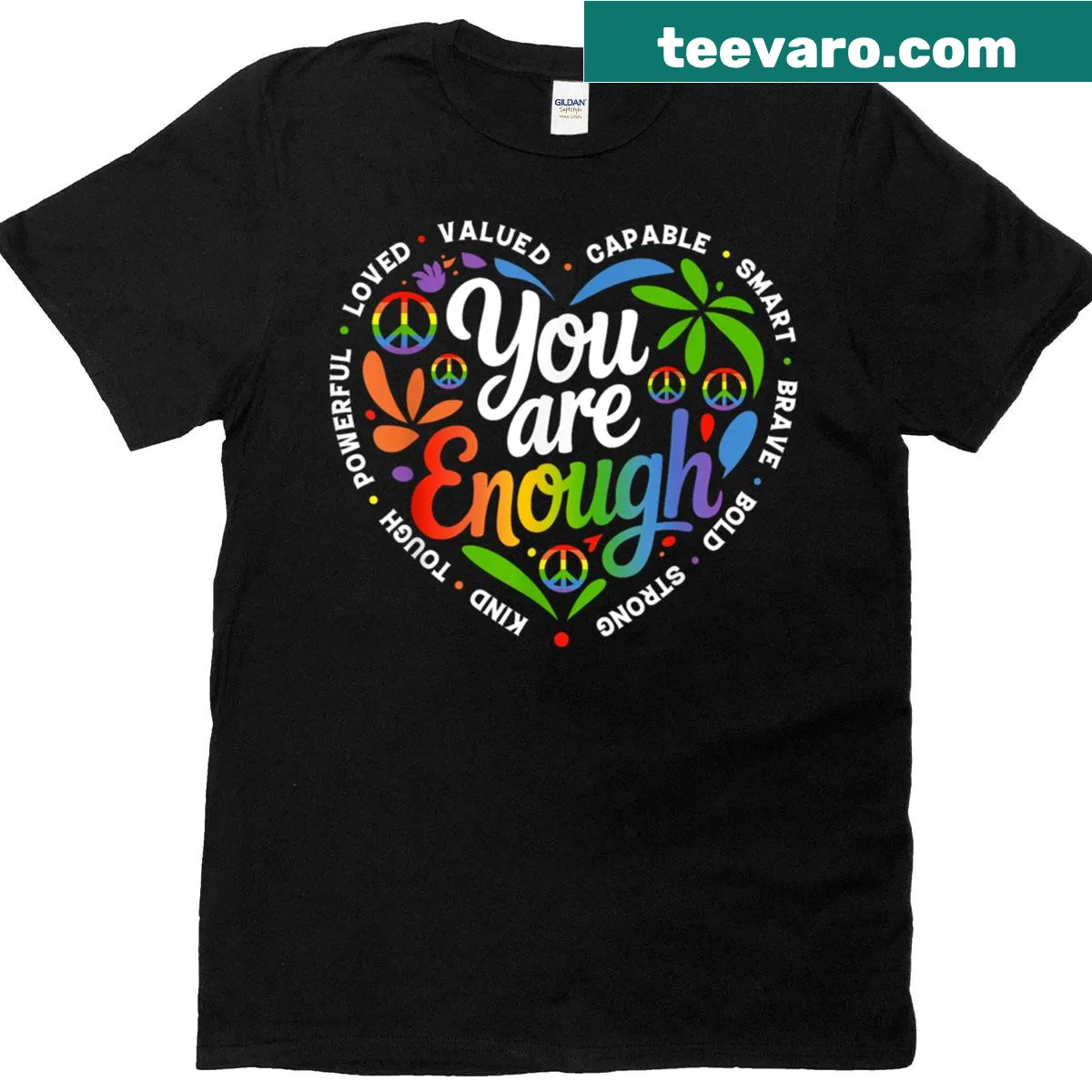 Supportive T-shirt with a rainbow pride flag design and inspiring message — on a men's t-shirt