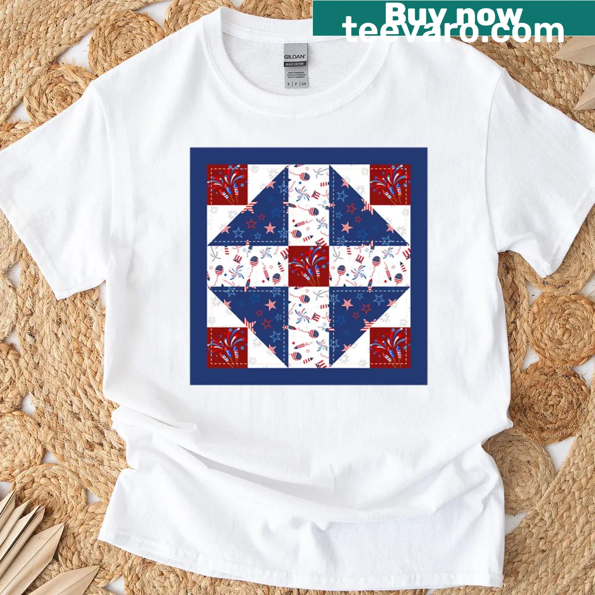 T-shirt featuring Grandmother’s Choice patchwork quilt design for 4th of July — on a men's t-shirt