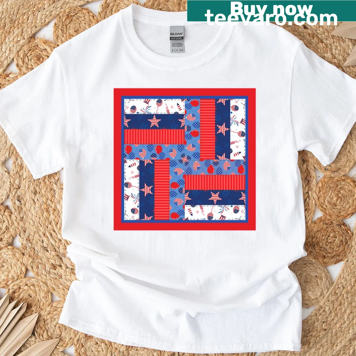 Oversized 4th of July t-shirt with patchwork quilt design — on a men's t-shirt