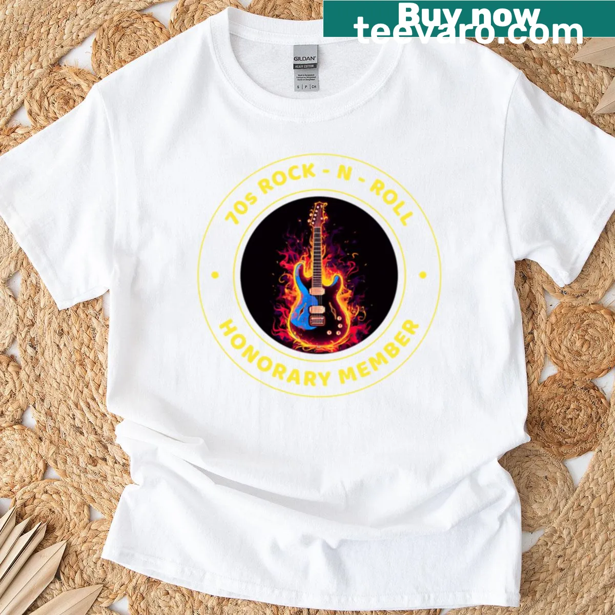 T-shirt that reads '70s Rock N Roll Honorary Member' in bold typography. — on a men's t-shirt