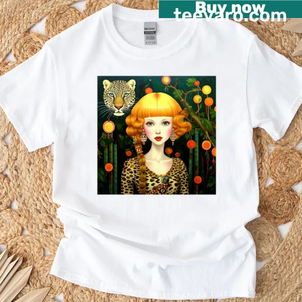 Illustration of a woman and a leopard on a T-shirt