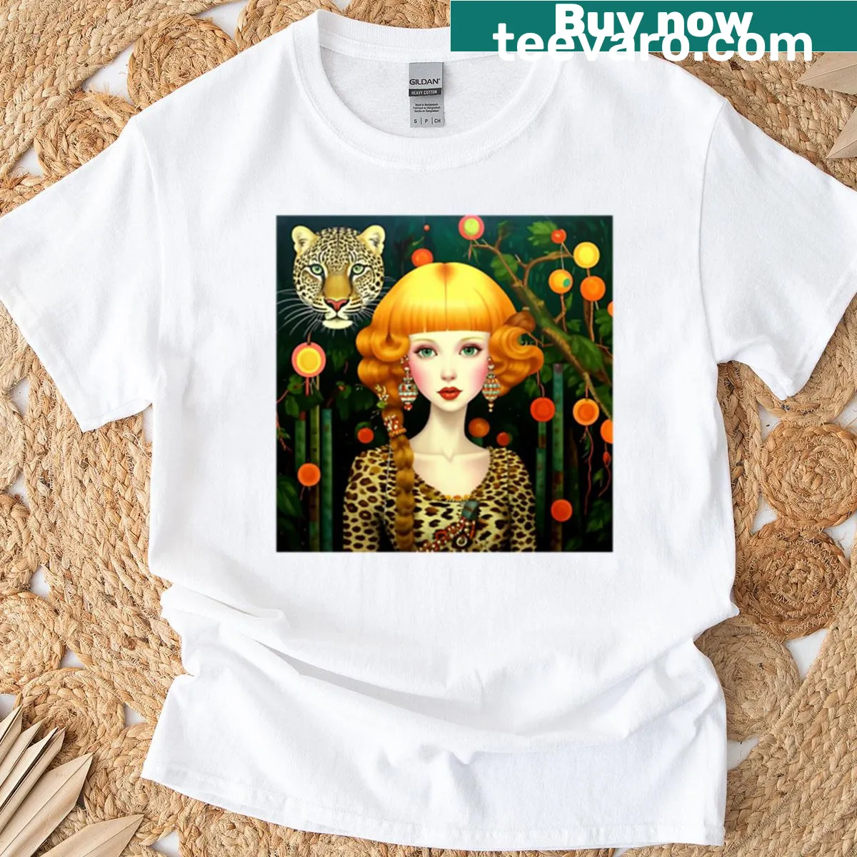 Illustration of a woman and a leopard on a T-shirt — on a men's t-shirt