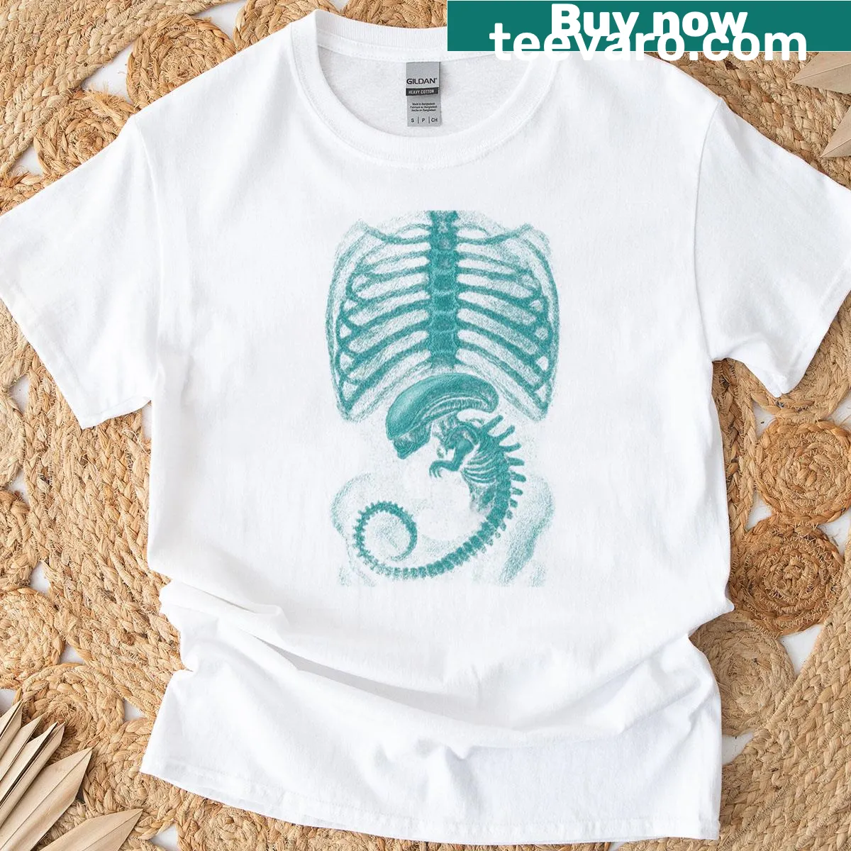 Alien X-ray design t-shirt featuring radiographic artwork — on a men's t-shirt