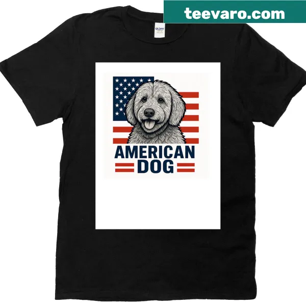 Illustrative T-shirt featuring patriotic dogs in red, white, and blue.