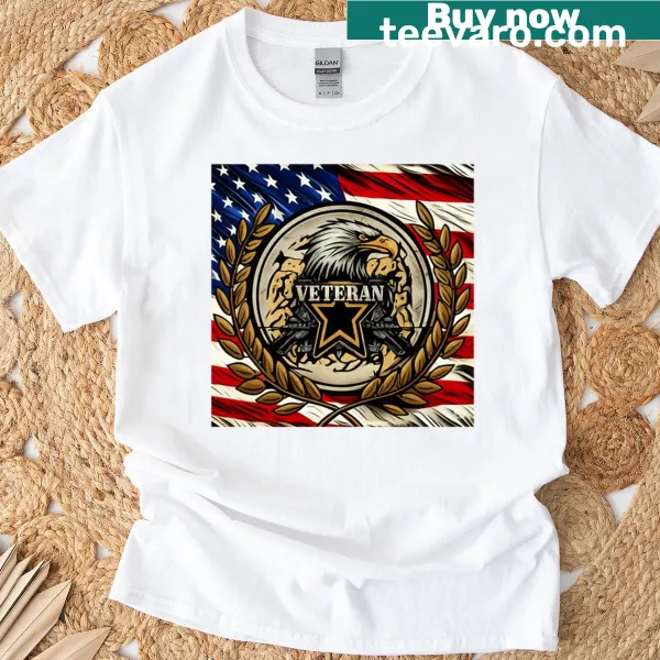 Eagle emblem design with 'American Vet' text on T-shirt.