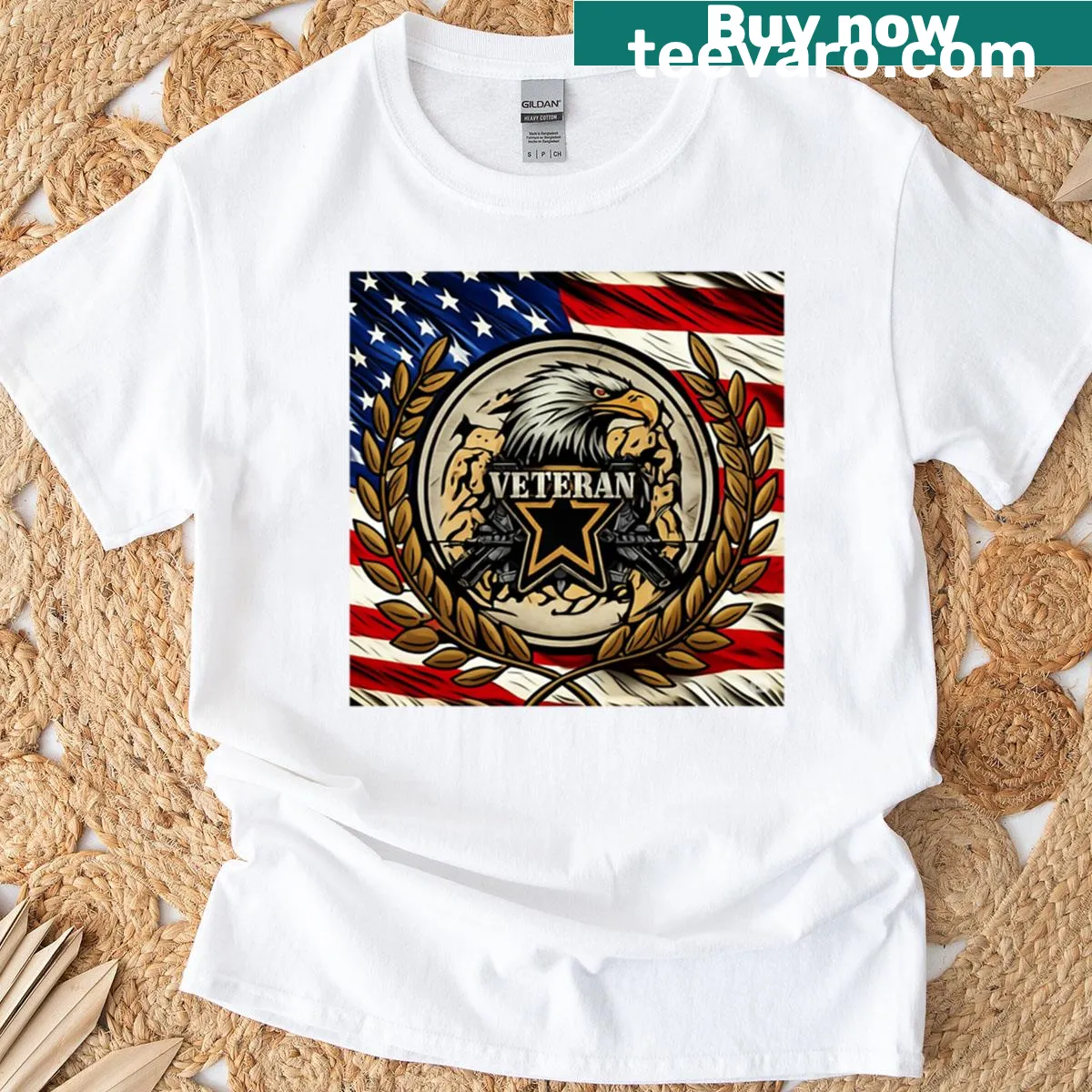 Eagle emblem design with 'American Vet' text on T-shirt. — on a men's t-shirt