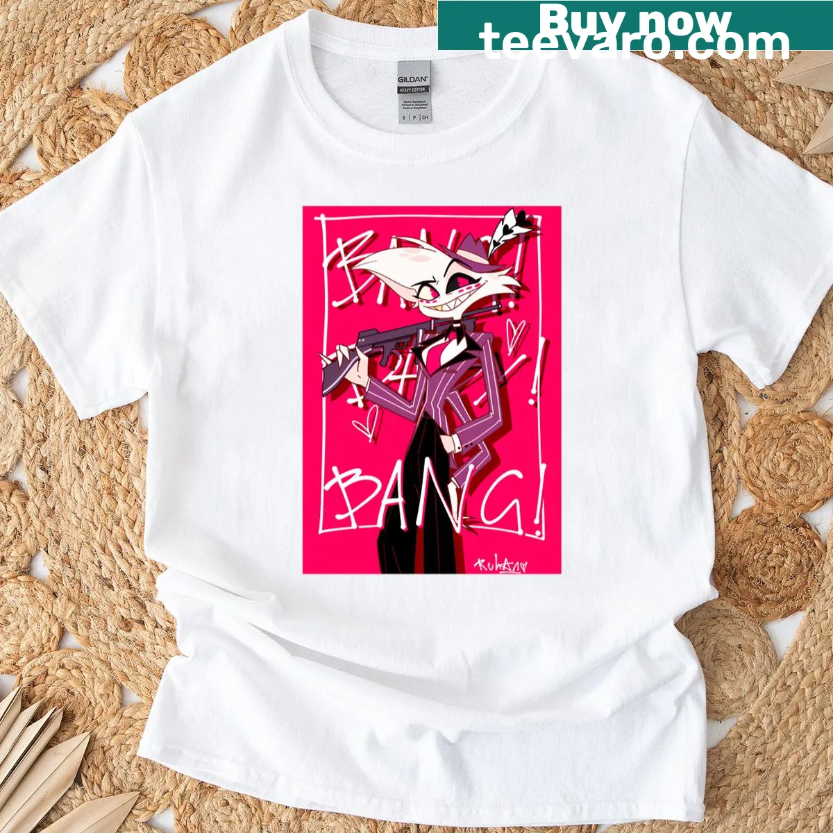 Edgy Angel Dust Gangster t-shirt with bold typography — on a men's t-shirt