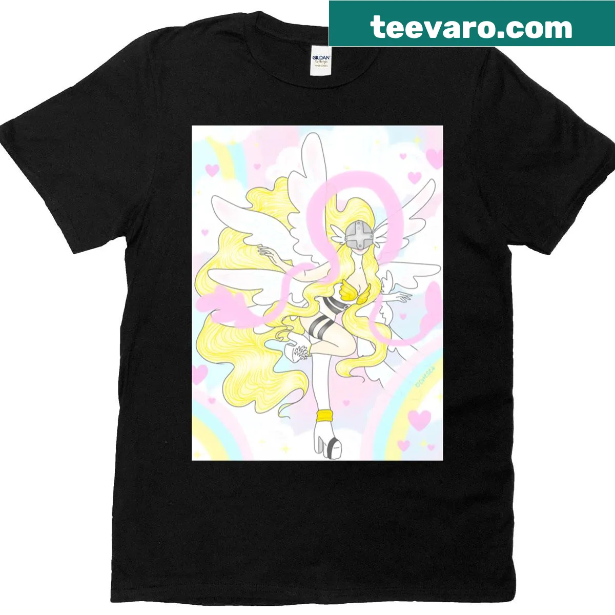 Oversized T-shirt featuring Angewomon character design — on a men's t-shirt