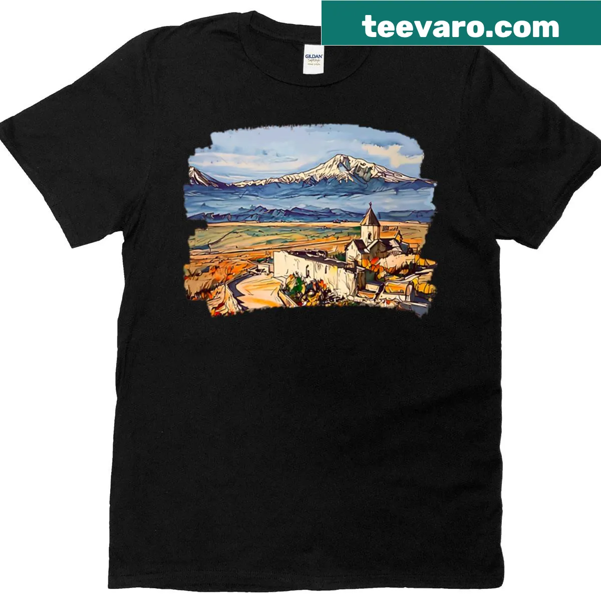 Realistic T-shirt featuring Ararat and Khor Virap landmarks — on a men's t-shirt