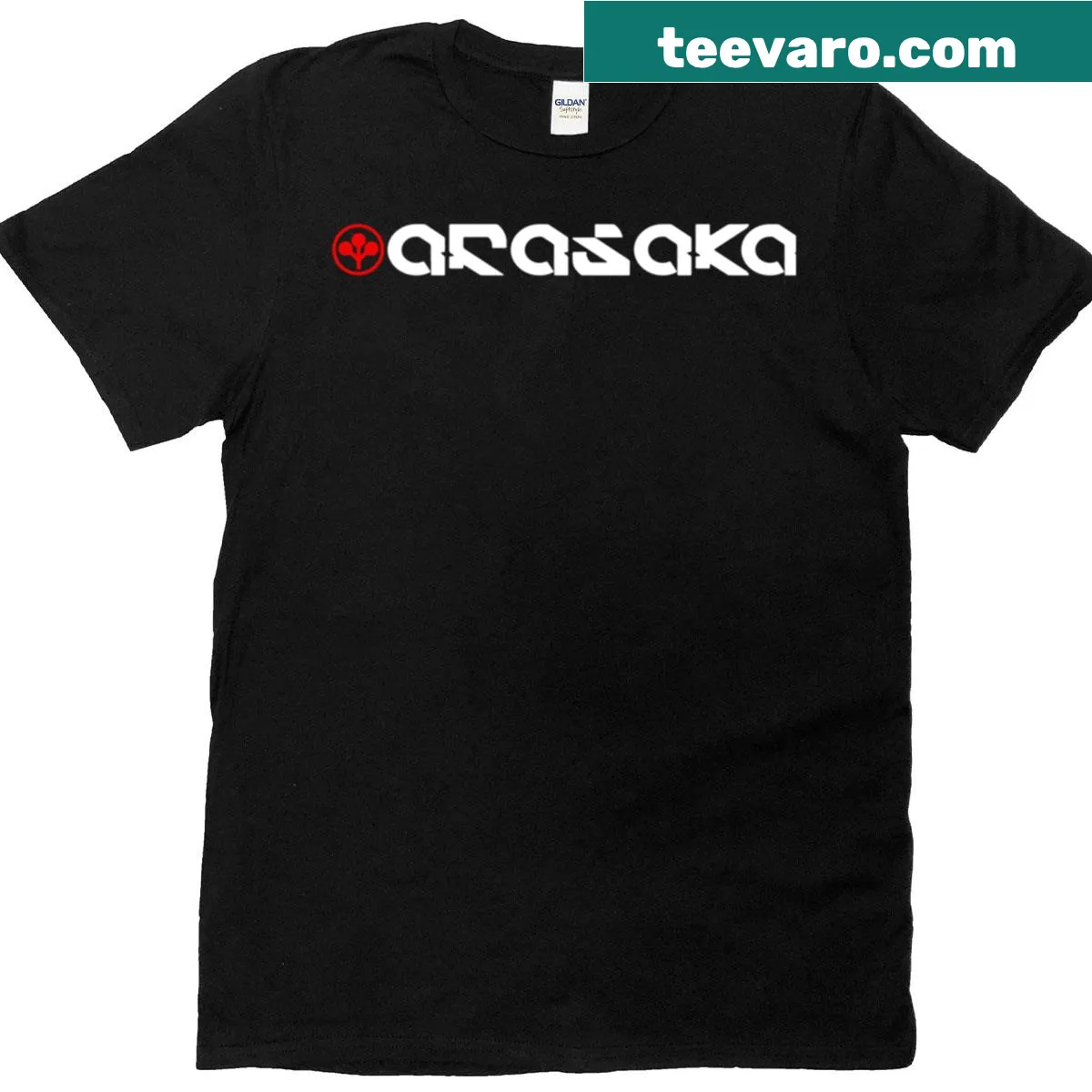 Cyberpunk T-shirt featuring the Arasaka Corporation logo in a badge style — on a men's t-shirt