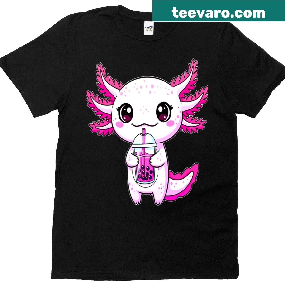Kawaii oversized T-shirt with an axolotl enjoying bubble tea — on a men's t-shirt