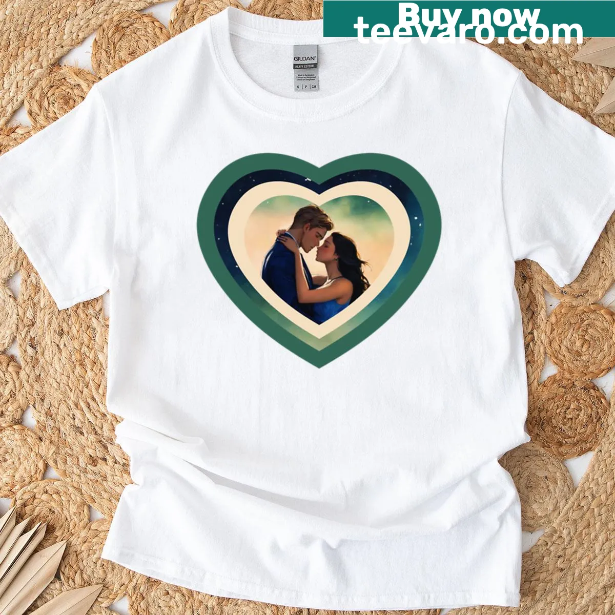 Oversized t-shirt with a couple in a galaxy heart illustration — on a men's t-shirt