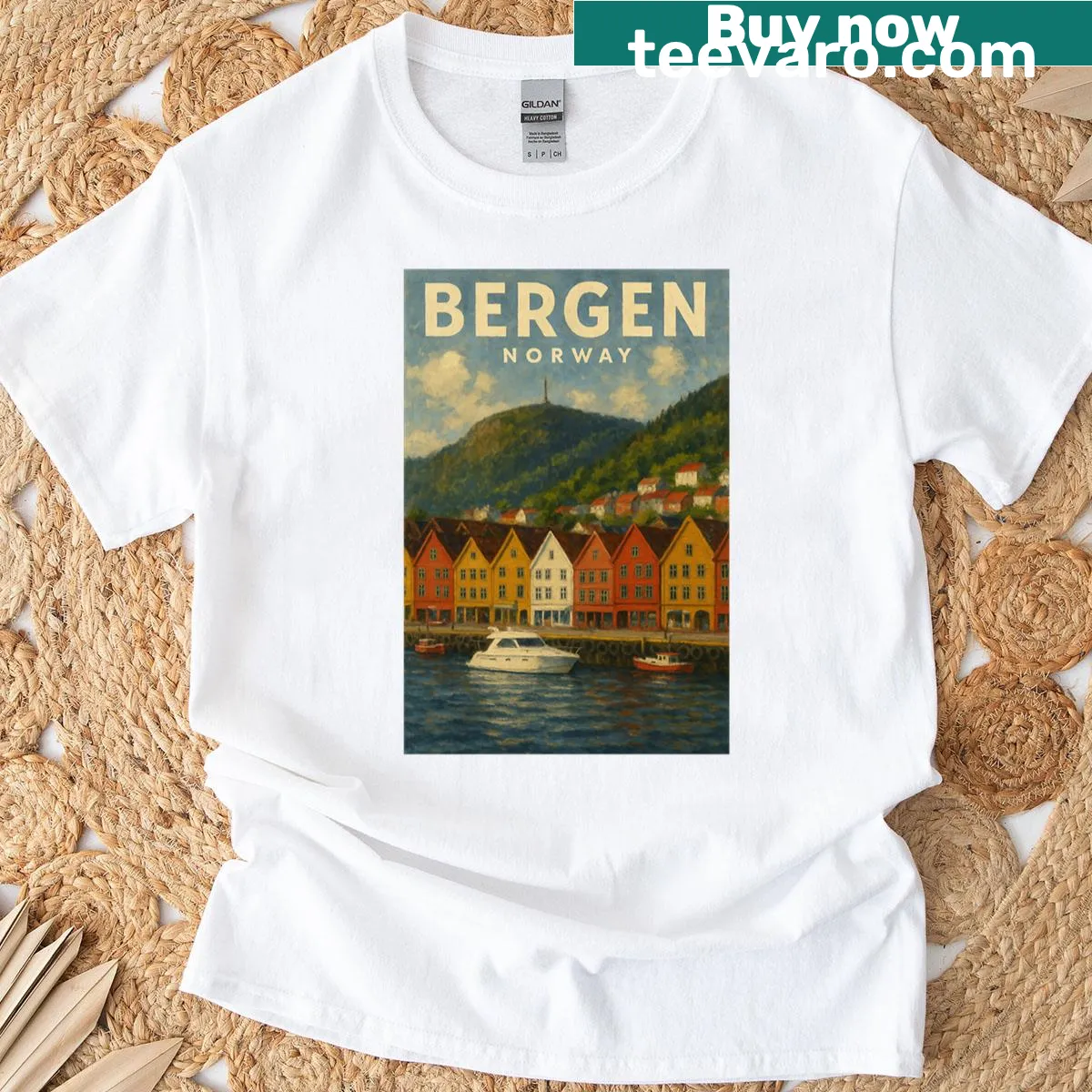 Bergen Norway Bryggen waterfront T-shirt with scenic illustration — on a men's t-shirt