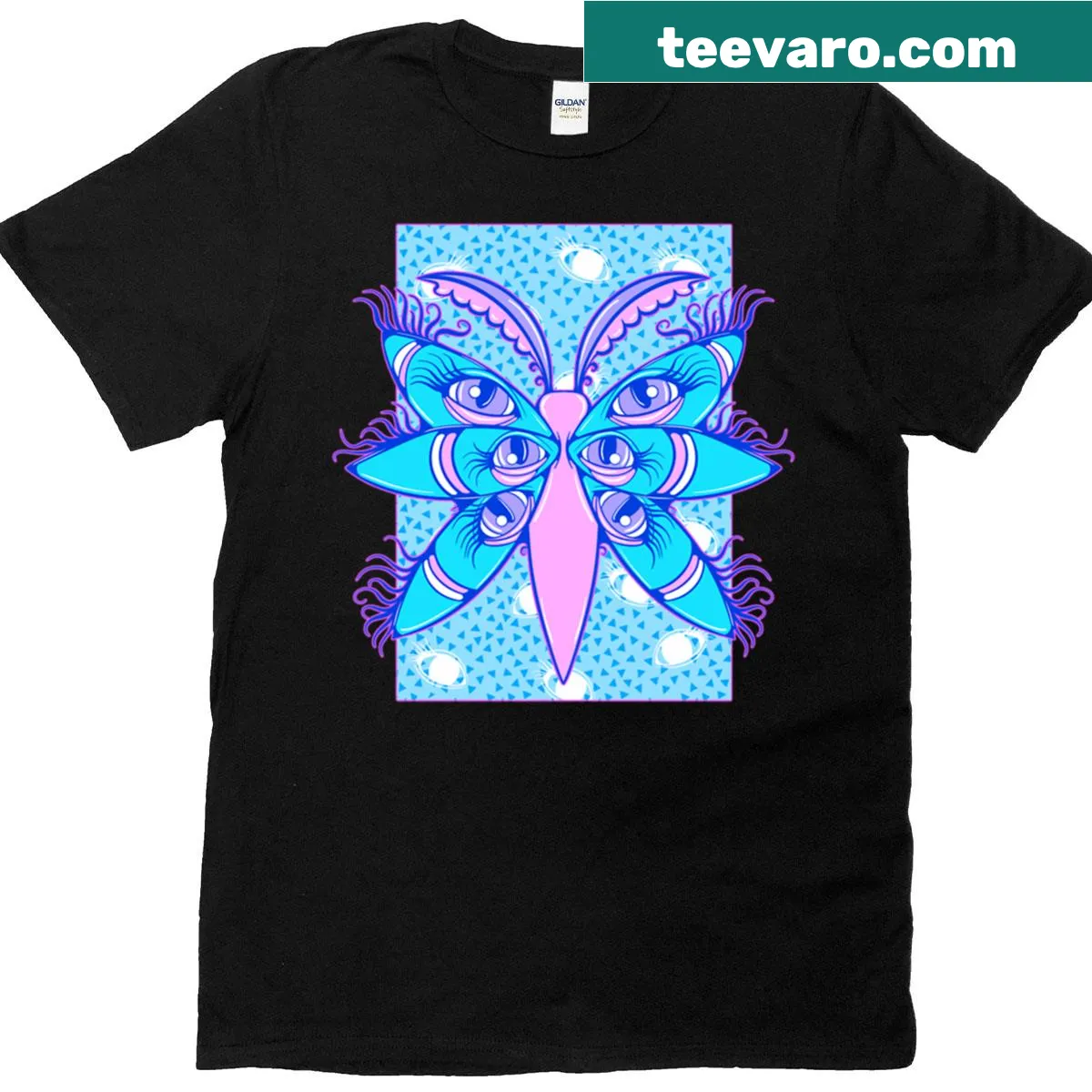 Intricate graphic of a biblically accurate angel moth T-shirt — on a men's t-shirt
