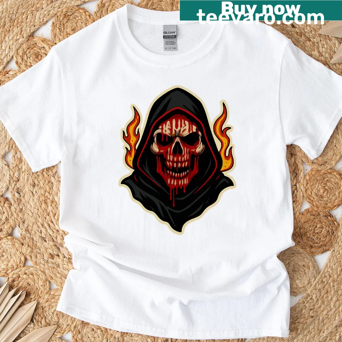 T-shirt featuring horror art of a blood-soaked skull — on a men's t-shirt